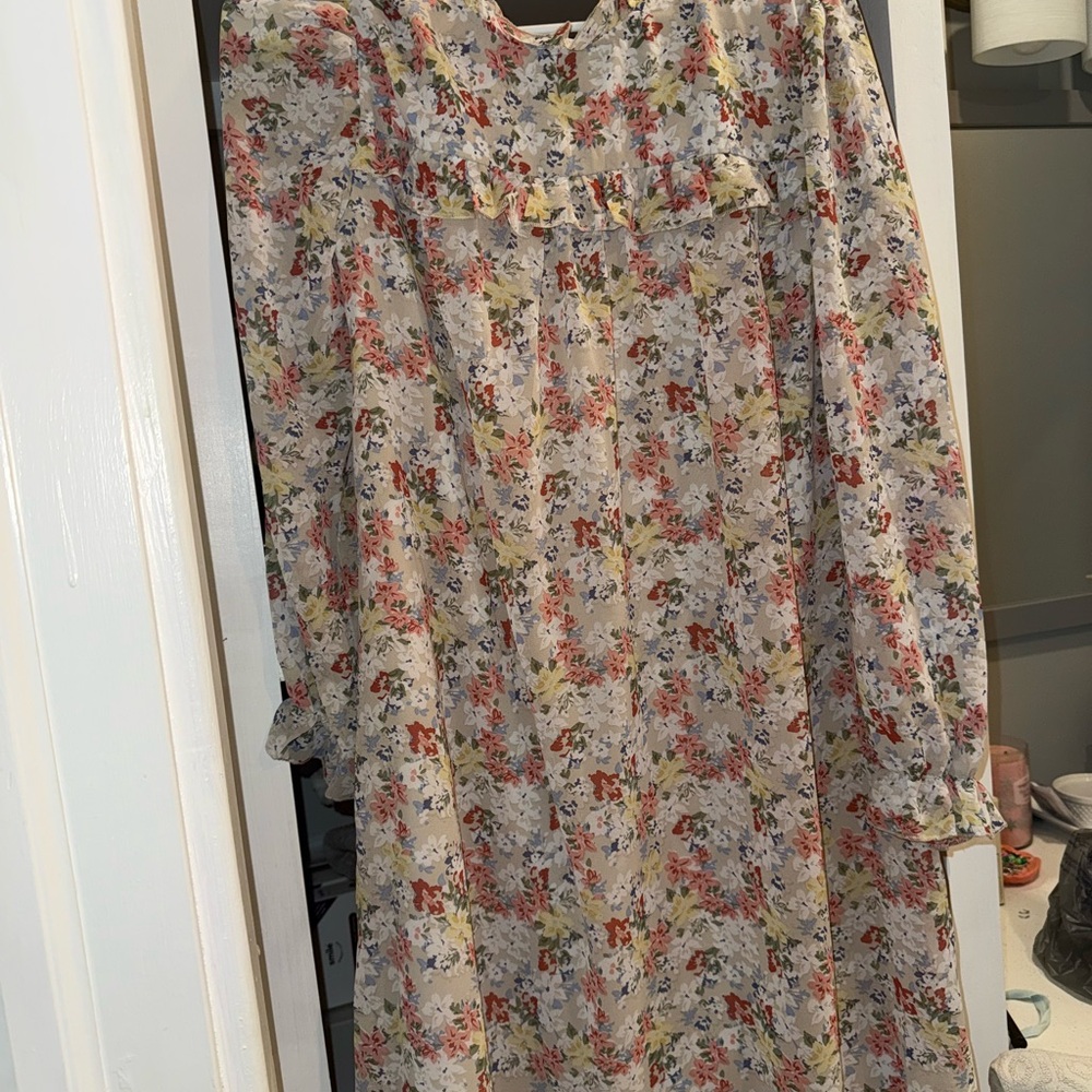 Cream Babydoll Dress with Bishop Sleeves and Mock Neck